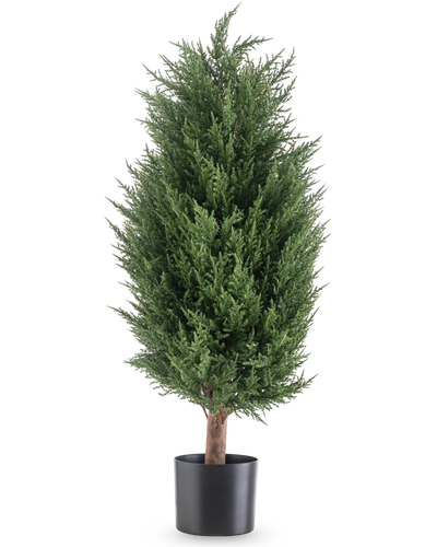 De Kunstplant Conifeer deluxe UV 90 cm is een weelderige, groene kunstgroenblijvende plant met dicht gebladerte in een zwarte pot - een onderhoudsvrije plant die in elke omgeving levendig blijft.