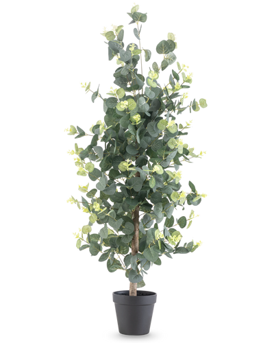 Kunstplant Eucalyptus 91 cm met ronde groene bladeren en kleine gele accenten in een zwarte pot, afgebeeld tegen een effen witte achtergrond.