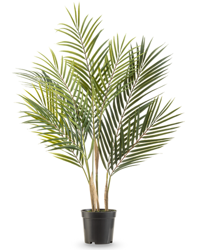 De Kunstpalm Chamaedorea 71 cm heeft lange, slanke groene bladeren en meerdere stammen, waardoor het lijkt alsof het een hoge palm in pot is tegen een witte achtergrond.