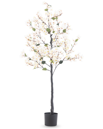 De Kunstplant Bougainvillea 150 cm wit is een hoge kunstboom met witte bloesemlichtjes en groene bladeren, in een zwarte cilindrische pot tegen een effen witte achtergrond.