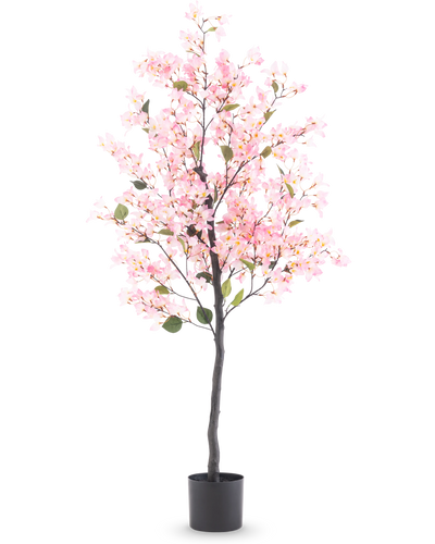 Kunstplant Bougainvillea 150 cm roze met roze bloemen en groene bladeren in een zwarte pot, geïsoleerd op witte achtergrond.