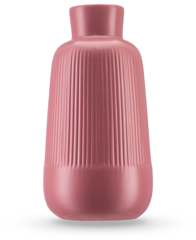 De Vaas Notes 25 cm oud roze heeft een matte keramische afwerking, een brede body, smalle hals en verticale ribbels aan de bovenkant. De gladde ronde basis en het minimalistische ontwerp maken hem ideaal voor het presenteren van zijden bloemen.