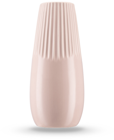 De Vaas Dew 25 cm roze is een vaas van lichtroze keramiek met een glanzende afwerking, verticale ribbels op de bovenste helft en een gladde onderkant - perfect om zijden bloemen in te zetten.
