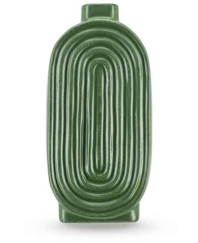 De Vaas Breaths 24 cm groen heeft een ovale, geribbelde vorm en een kleine opening bovenaan, ideaal als keramieken vaas voor kunstbloemen. Staat rechtop op een lichte achtergrond.