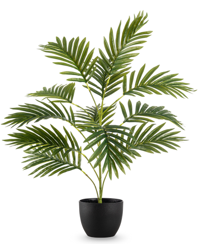 De Kunstpalm Phoenix 65 cm, met weelderige groene bladeren, staat in een strakke zwarte sierpot tegen een effen witte achtergrond.