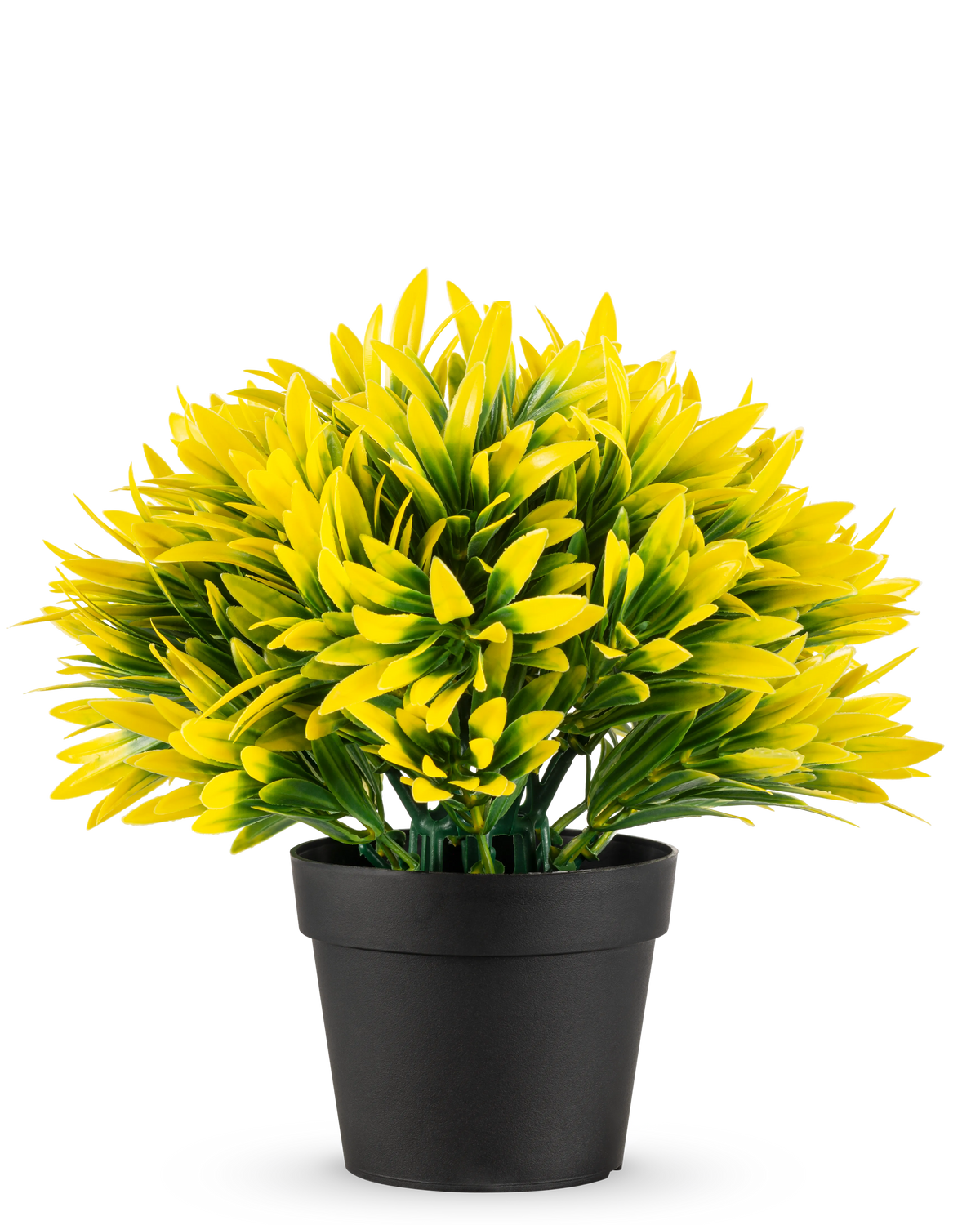 The Artificial plant Yellow sun in pot UV 22 cm has a black flower pot with a dense, artificial plant with pointed yellow and green leaves, perfect to brighten up any room.