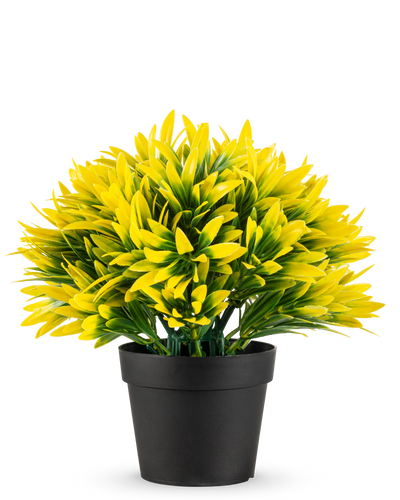 De Kunstplant Yellow sun in pot UV 22 cm heeft een zwarte bloempot met een dichte, kunstplant met puntige gele en groene bladeren, perfect om elke ruimte op te fleuren.