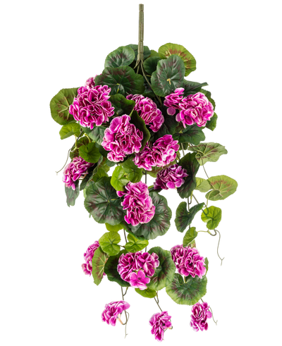 The Artificial Hanging Plant Geranium 75 cm purple has lush green leaves and clusters of vibrant purple-magenta flowers with white edges, which gracefully fall down a vertical stem for a beautiful hanging display.