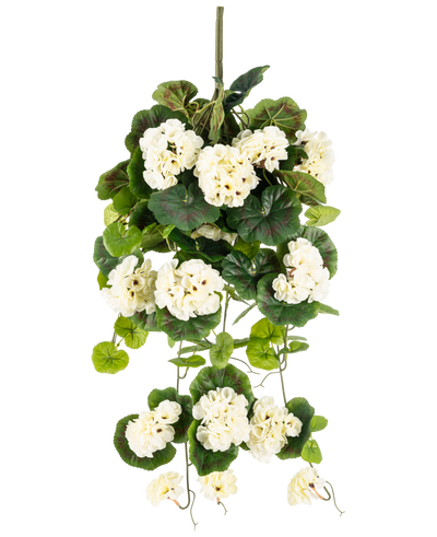 De Kunst hangplant Geranium 75 cm wit is een kunst hangplant met trossen witte bloemen en groene bladeren, verticaal tegen een effen witte achtergrond.