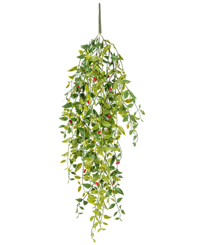 De Kunst hangplant Gardenia met besjes 81 cm is een kunstmatige hangplant met groene bladeren en kleine rode besjes, afgebeeld tegen een witte achtergrond.