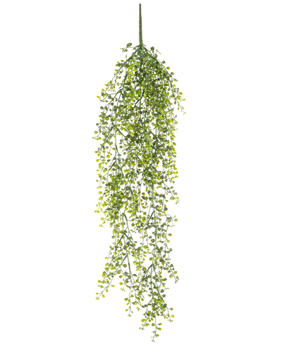 De Kunst hangplant Buxus 80 cm is een kunst hangplant met lange, slingerende groene ranken en kleine ronde blaadjes tegen een witte achtergrond.