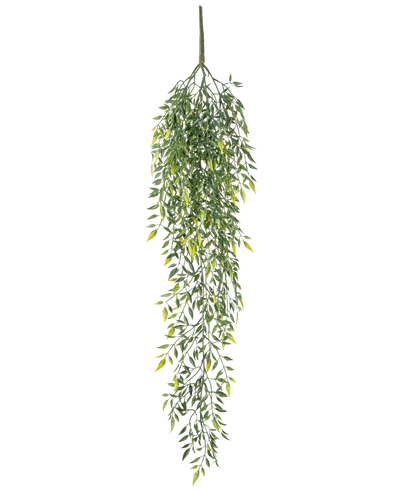 De Kunst hangplant Bamboe 90 cm is een kunstmatige hangende bamboestruik met veel kleine blaadjes aan fijne takken, tegen een effen witte achtergrond.