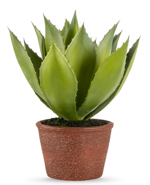 De Kunstplant Agave 25 cm heeft dikke, puntige groene bladeren in een roodbruine pot met textuur, tegen een effen witte achtergrond.