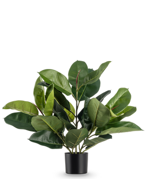 De Kunstplant Rubberplant 51 cm heeft weelderige, brede diepgroene bladeren in een eenvoudige zwarte pot, tegen een effen witte achtergrond.