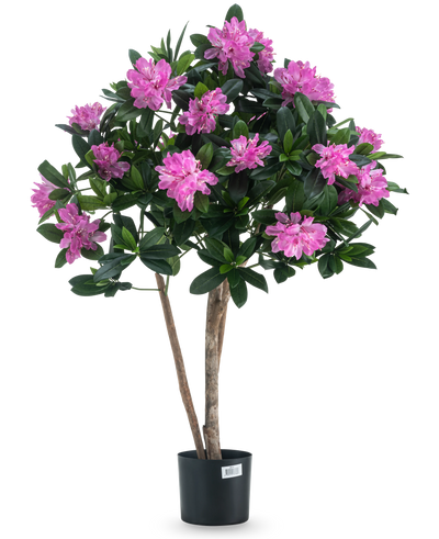 De Kunstplant Rhododendron 90 cm heeft twee slanke bruine stelen, groene bladeren en talloze felroze bloemen in volle bloei tegen een effen witte achtergrond.