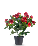 Een Kunstplant Patio-roos 35 cm in rood/zwart heeft levendige rode kunstrozen met weelderige groene bladeren in een zwarte pot, tegen een effen witte achtergrond.