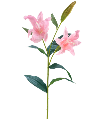 De Kunstbloem Lelie Real Touch roze 95 cm heeft een enkele groene steel met twee bloeiende roze lelies en een gesloten knop, omringd door lange, puntige groene bladeren, tegen een witte achtergrond.
