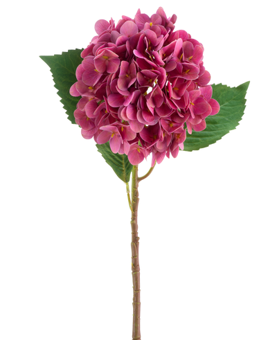 Een purperrode Kunstbloem Hortensia Real Touch bloem met groen blad, 58 cm hoog.
