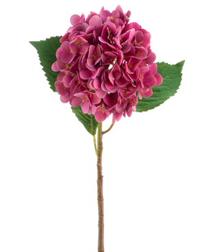 Een purperrode Kunstbloem Hortensia Real Touch bloem met groen blad, 58 cm hoog.