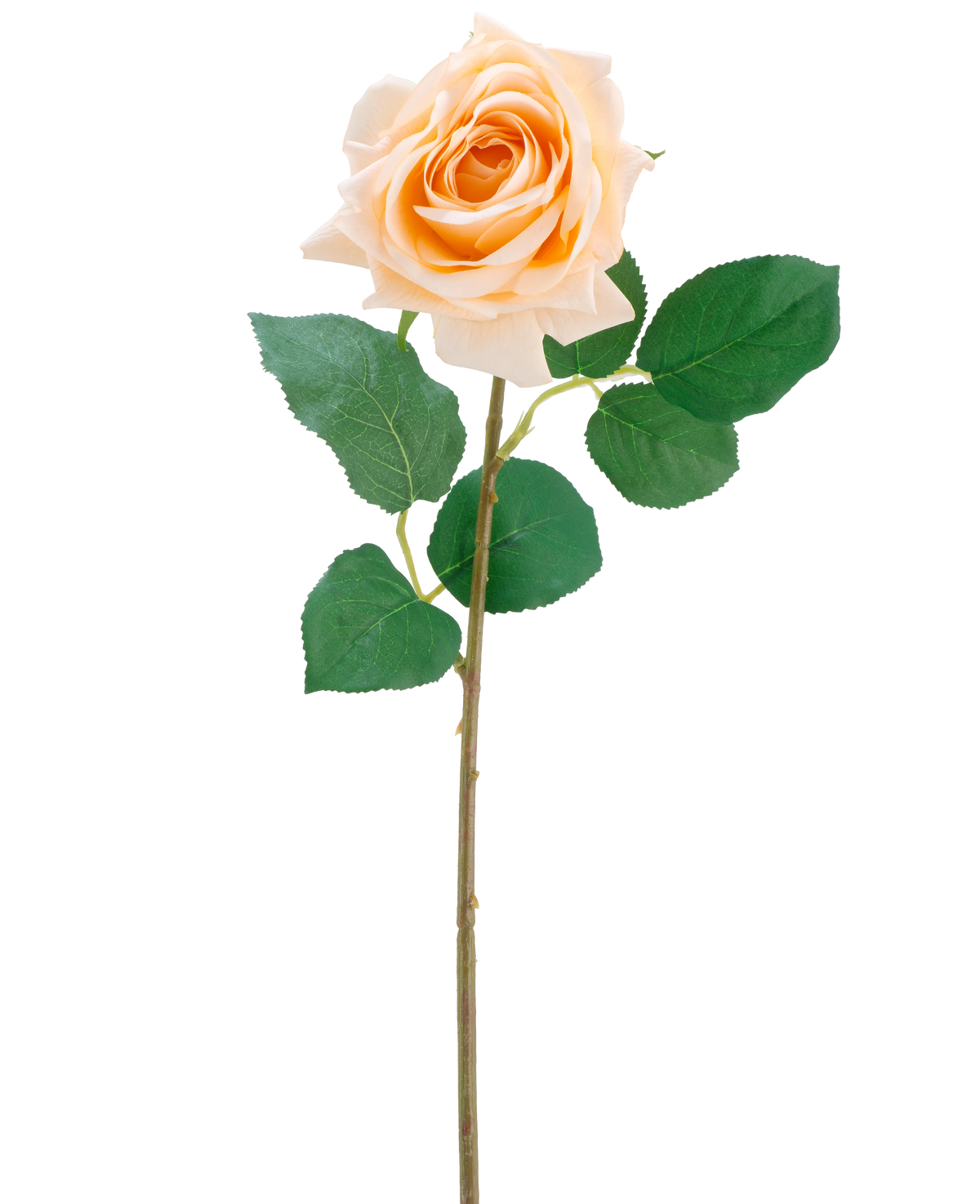 The Artificial flower Crystal touch moisturizing rose Real Touch in champagne is a single artificial rose with green leaves on a 43 cm long, slender stem, pictured against a plain white background.