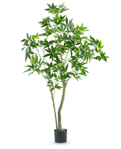 De Kunstplant Pachira 180 cm heeft slanke stammen en overvloedige groene bladeren, gepresenteerd in een hoge pot tegen een effen witte achtergrond.