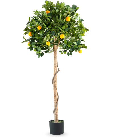 Een Kunstplant Sinaasappelboom op enkele stam 150 cm in pot met een slanke stam, levendige groene bladeren en realistische oranje vruchten, afgebeeld tegen een effen witte achtergrond.