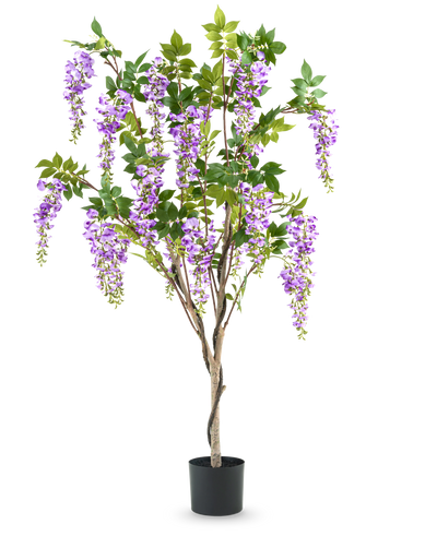 De Kunstplant Blauweregen 150 cm is een kunst blauwe regen in pot met groene bladeren en paarse bloemen, tegen een effen witte achtergrond.