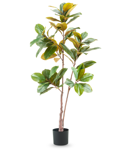 De Kunstplant Yulaniaboom 150 cm is een hoge, levensechte kunstplant met brede groene en gele bladeren in een zwarte pot, tegen een effen witte achtergrond.