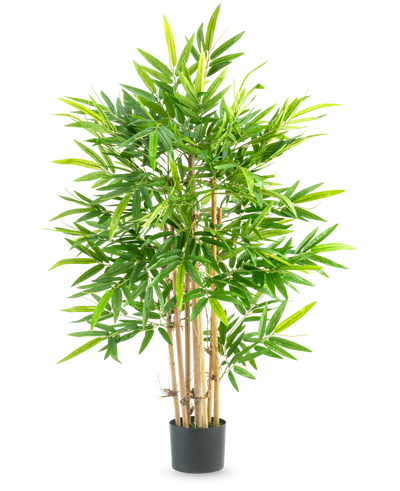 De Kunstplant Bamboe 120 cm is een hoge bamboe in pot met meerdere dunne gelige stengels en veel lange, smalle groene bladeren, tegen een effen witte achtergrond.