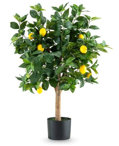 De Kunstplant Citroenboom 90 cm is een kunstmatige citroenboom in pot met groene bladeren en felgele citroenen, afgebeeld tegen een effen witte achtergrond.
