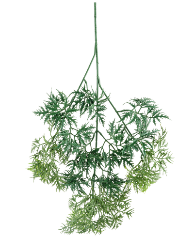 The Kunsttak Ming Aralia spray 72 cm has green, feather-light artificial leaves with fine, needle-like edges in various green shades, hanging upside down against a white background.