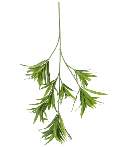 De Kunstplant Dracaena Reflexa spray 86 cm FR is een enkele groene kunststengel met meerdere lange, smalle bladeren die zich vertakken, tegen een effen witte achtergrond.