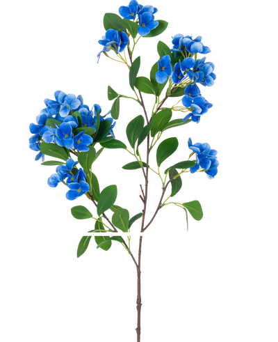 De Kunstbloem Sneeuwbal Real Touch Blauw 80 cm heeft een enkele steel met verschillende trossen levendige blauwe bloemen en weelderige groene bladeren, tegen een effen witte achtergrond.