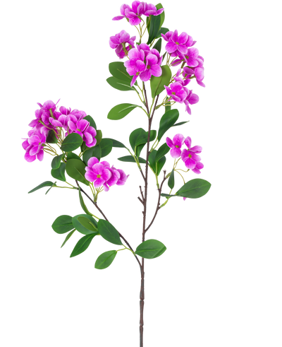 De Kunstbloem Sneeuwbal Real Touch Paars 80 cm heeft een enkele steel met verschillende trossen levendige paarse bloemen en weelderige groene bladeren, prachtig gepresenteerd tegen een witte achtergrond.