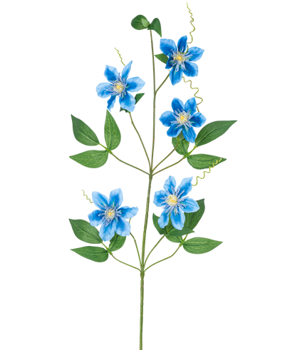 De Kunstbloem Clematis dubbel 82 cm blauw heeft een enkele liaanstengel met vijf levendige blauwe bloemen en verschillende groene bladeren, prachtig weergegeven tegen een effen witte achtergrond.