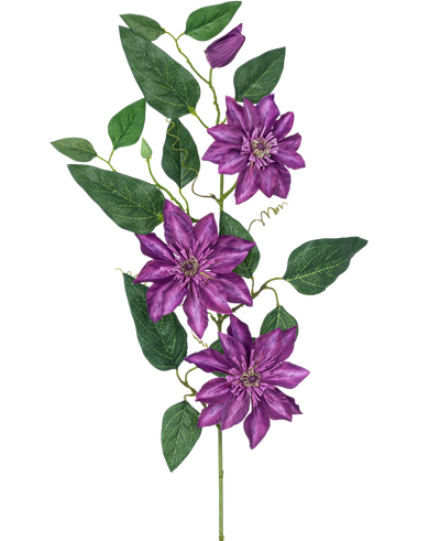 De Kunstbloem Clematis groot 81 cm paars heeft drie grote paarse bloemen, groene bladeren, krullende ranken en een gesloten knop op een enkele steel tegen een witte achtergrond.