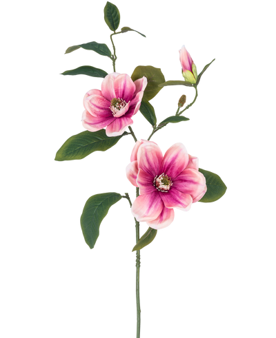 De Kunstbloem Magnolia 82 cm roze/wit heeft een enkele steel met twee grote roze-witte magnolia bloemen, een knop en verschillende donkergroene bladeren, tegen een effen witte achtergrond.