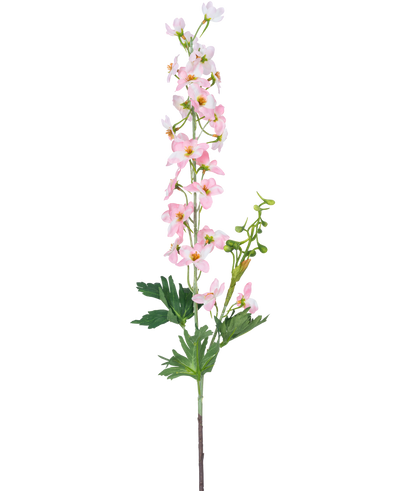 Een enkele Kunstbloem Delphinium 79 cm lichtroze heeft meerdere kleine lichtroze bloesems en groene bladeren, geïsoleerd op een witte achtergrond.