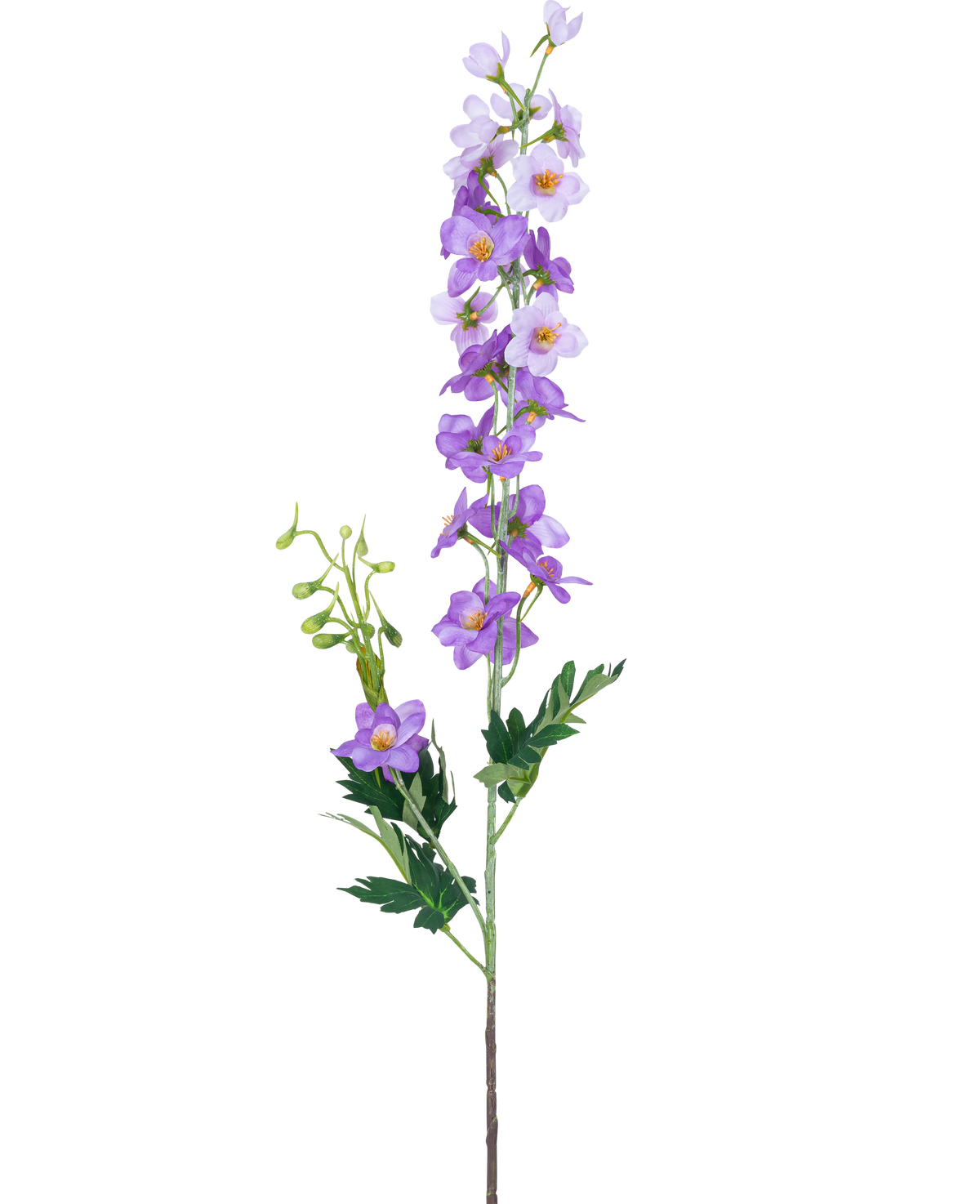 The Artificial Flower Delphinium 79 cm purple has a single green stem with multiple light purple and purple flowers, yellow hearts and green leaves on a plain white background.
