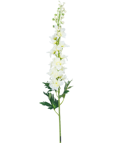 De Kunstbloem Delphinium 79 cm wit heeft een lange witte delphinium stengel met meerdere bloemen en groene bladeren, geïsoleerd op een witte achtergrond.
