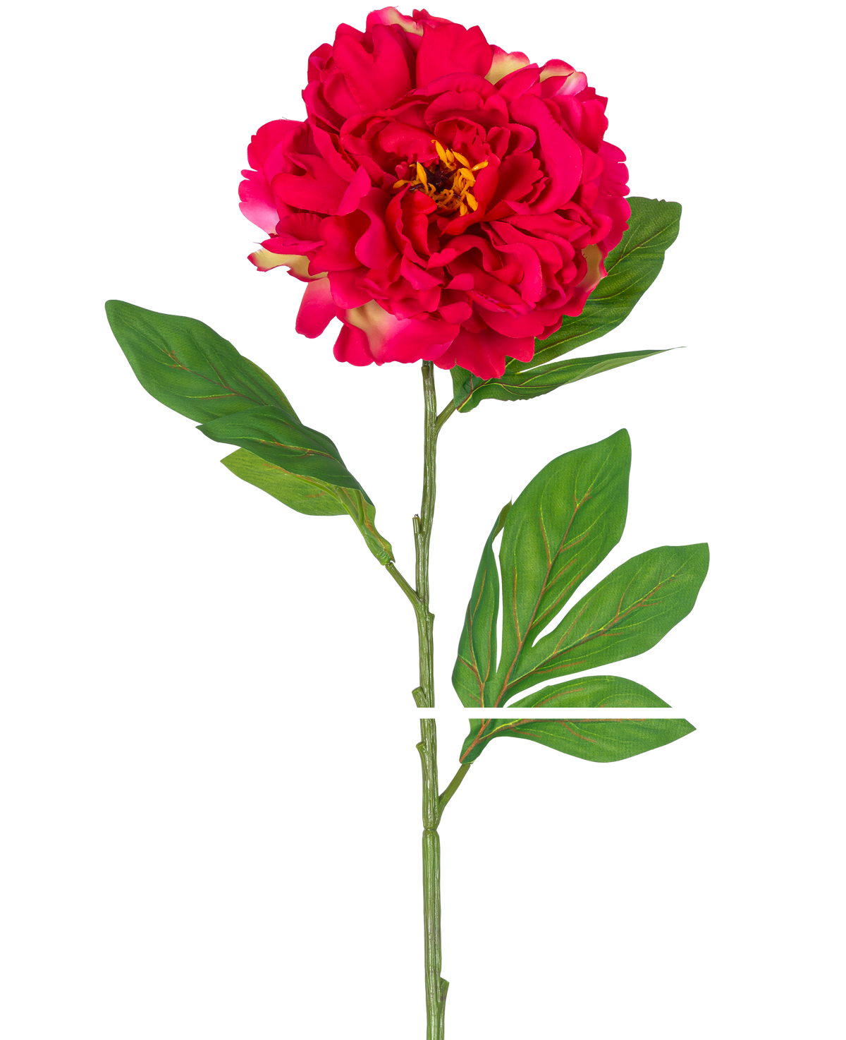 The Artificial Flower Peony 77 cm red is a single artificial peony with a large, vibrant red flower and green leaves on a long stem, depicted against a white background.