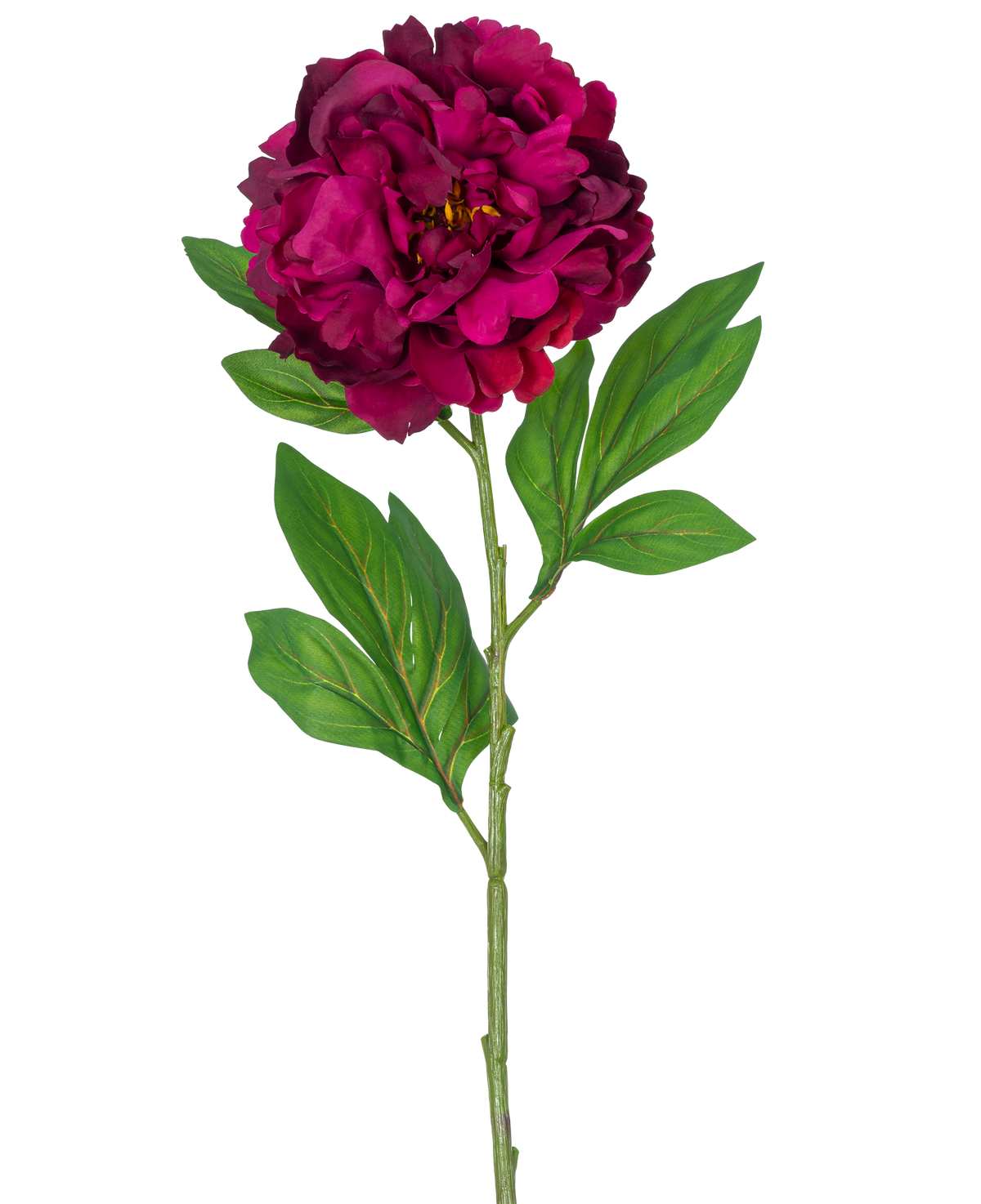 A single Artificial Flower Peony 77 cm artificial eggplant stem, showing a deep magenta peony with some green leaves, against a plain white background.