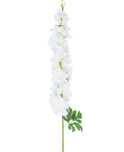Kunstbloem Delphinium 105 cm wit: een enkele lange steel met meerdere witte bloemen en groene bladeren, gepresenteerd tegen een effen witte achtergrond.