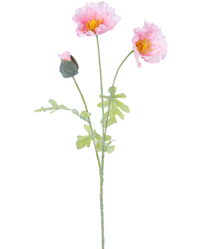 De Kunstbloem Papaver 73 cm lichtroze heeft een enkele steel met twee open lichtroze papaverbloemen, een gesloten knop, ruches in de bloemblaadjes, gele hartjes en groene bladeren op een witte achtergrond.
