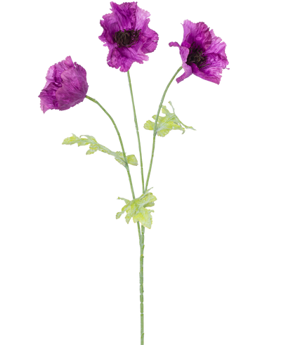 De Kunstbloem Klaproos 73 cm lila heeft drie paarse kunstmatige klaproosbloemen met groene stelen en bladeren, tegen een effen witte achtergrond. De delicate, licht gekreukelde bloemblaadjes voegen textuur toe aan het arrangement.