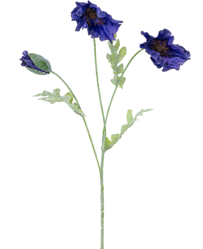 Een botanische illustratie van de Kunstbloem klaproos 73 cm donker blauw toont drie lichtgroene stengels-twee met ruches van donkerblauwe bloemen en een met een gesloten knop tegen een witte achtergrond.