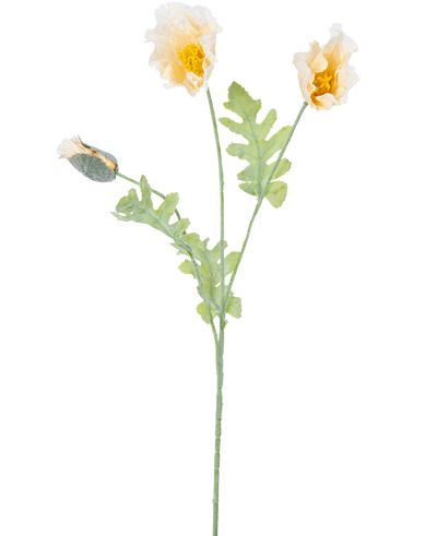 Een delicate botanische illustratie van Kunstbloem Klaproos 73 cm crème, met twee open gele bloemen en een gesloten knop op groene stelen met gekartelde bladeren, tegen een witte achtergrond.