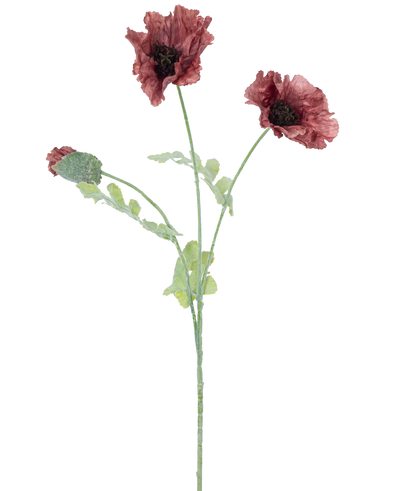 Aquarel illustratie van de Kunstbloem klaproos 73 cm mauve, met drie donkerrode bloemen met groene stengels en bladeren, tegen een effen witte achtergrond.