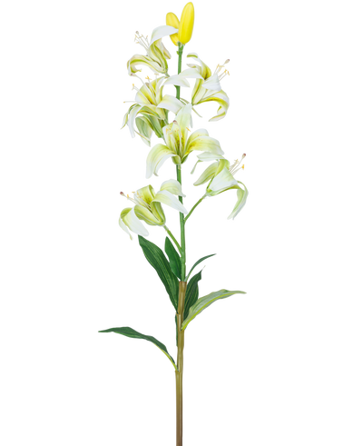 De Kunstbloem Martagon Lelie 78 cm wit heeft een lange steel met meerdere witte leliebloemen en knoppen, een geel hart en groene bladeren, geïsoleerd op een witte achtergrond.