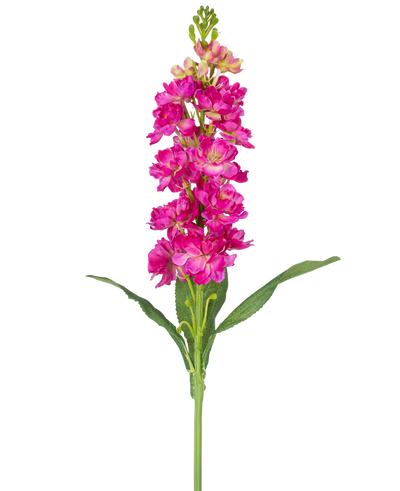 Een enkele Kunstbloem Violier 78 cm fuchsia met meerdere levendige roze bloesems en groene bladeren tegen een effen witte achtergrond.